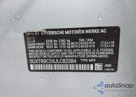 2018 BMW X3 xDrive30I из США, поврежденный, VIN 5UXTR9C59JLC83384